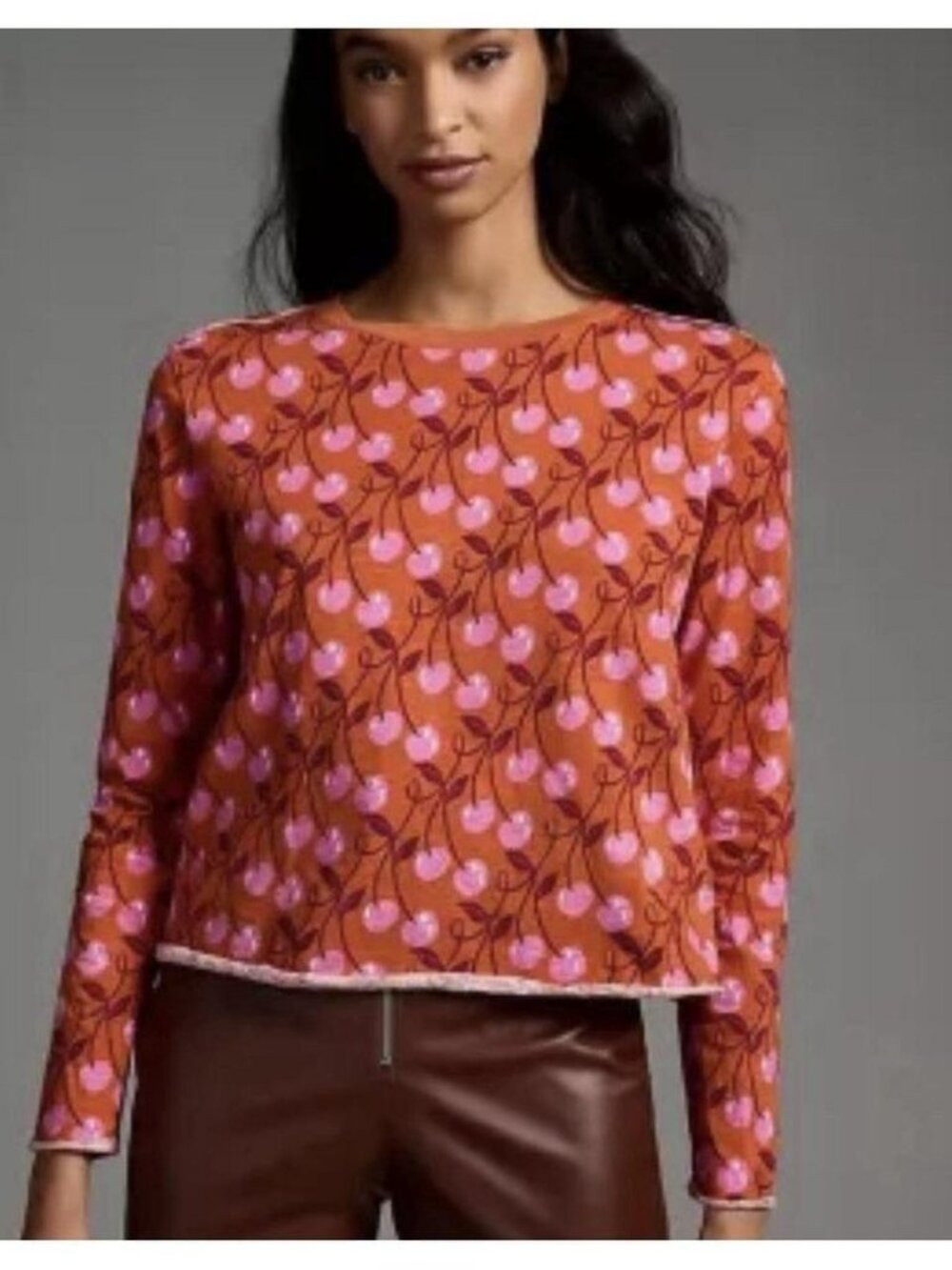 Anthropologie MAEVE Orange Cherry Print Long Sleeve Top in Size Medium
